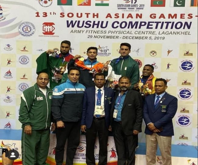 Podium photo from the 13th South Asian Games 2019 Wushu Competition in Kathmandu